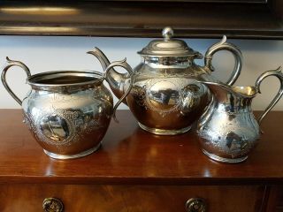 Antique Victorian Silver Plated Three Piece Tea Set By John Round & Son