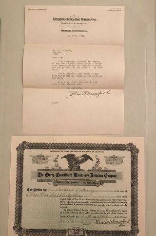 Rare Antique Mining Stock Certificate,  " The Ouray Mining & Reduction Co.  ",  Letter