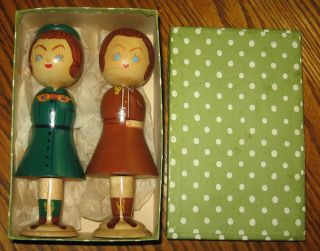 Two 2 Rare Vintage Girl Scout & Brownie Japanese Wooden Kokeshi Dolls 6 "