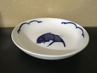 Vintage Chinese Hand - Painted Koi Fish Blue & White Porcelain Serving Dish Bowl