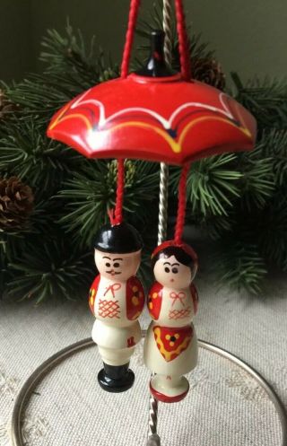 Rare Vintage Russian Doll Couple Under Umbrella Hand - Painted Christmas Ornament