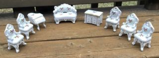 Vintage Japan Porcelain China Doll House / Trinket Box Piano Chest Chairs Couch