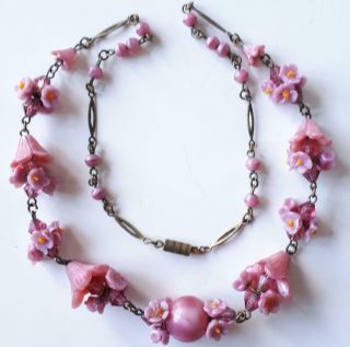 Antique Art Deco 1930s Czech Pink Satin Glass Flowers Strung On Wire Necklace