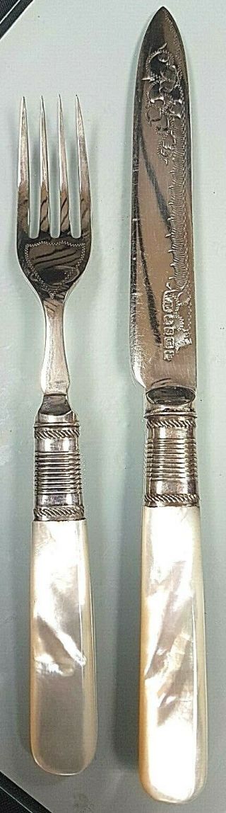 Lovely Victorian Silver Plate & Mother Of Pearl Handled Knife & Fork Set C 1890