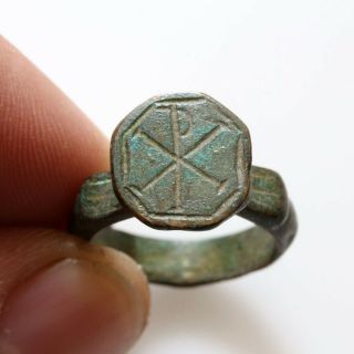 Intact Byzantine Bronze Ring With Christogram Depiction Circa 500 - 1000 Ad