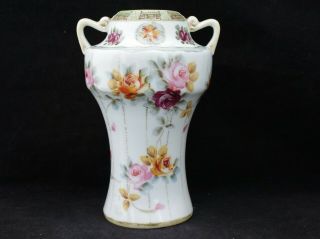 Antique/vintage Nippon Double Eared Porcelain Vase With Florals - Made In Japan