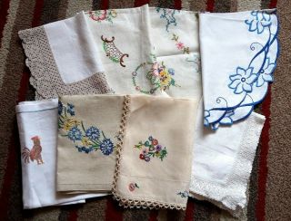 Set Of 7 Pretty Vintage Hand Embroidered Tray Cloths