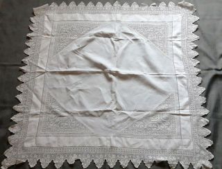 Antique Vintage Cotton And Crochet Lace Tablecloth 95cm X 95cm