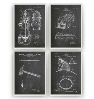Firefighter Patent Prints - Set Of 4 - Fireman Poster Art Decor Gift - Unframed