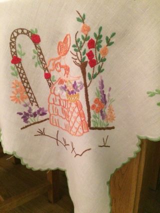 Vintage Scalloped Edge Hand Embroidered crinoline lady Tablecloth 85 X 88 Cm 3