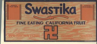 Nm - 014 - Swastika California Fruit Co Fruit Box Label Pre Wwii 1920 