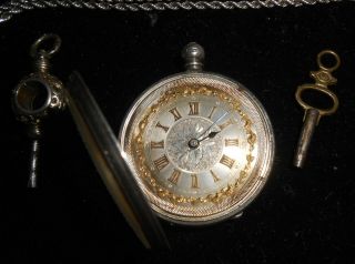 Antique Victorian Silver Ladies Pocket Watch With Keys And Fob Chain