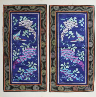 Antique Chinese Qing Dynasty 19thc Silk Embroidered Panel Butterfly Flowers X2