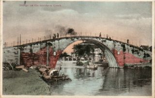 Antique Colored Postcard Shanghai China " Bridge On Soochow Creek " Boats