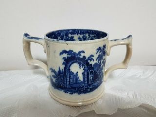 Large 19c Blue White Pottery Twin Handle Loving Cup / Mug J & R G No10 Arch