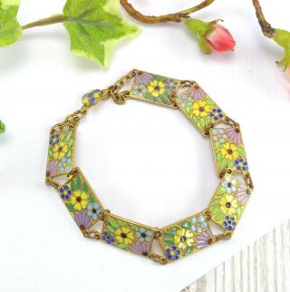 Antique / Vintage Enamel Flowers Panel Bracelet - Gold Tone