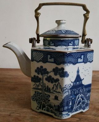 Collectable Antique Japanese Tea Pot And 5 Cups Brass Handle Castle Scene