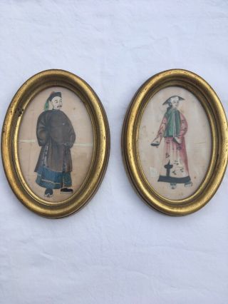 Antique Mid 19th Century Chinese Pith Rice Paper Paintings Noble Couple