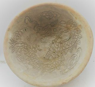 Old Antique Chinese Ceramic Bowl With Dragon Motifs