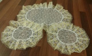 3 Vintage White And Yellow Floral Lace Doilies / Dressing Table Mats