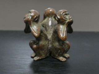 Antique Miniature Solid Bronze Sculpture Of 3 Monkeys