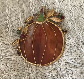 Vintage Rare Large Connie Bennett Stained Glass Fall Pumpkin Brooch Pin