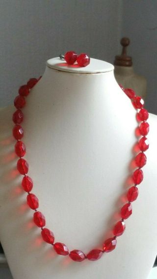 Czech Antique Art Deco Red Faceted Glass Bead Necklace And Earrings Set