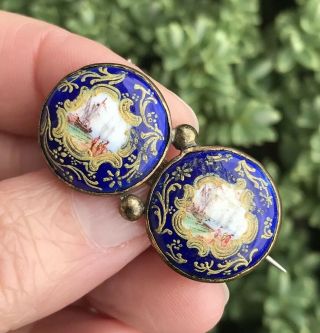 Unusual Antique Georgian/victorian Enamel Picture Button Brooch/pin