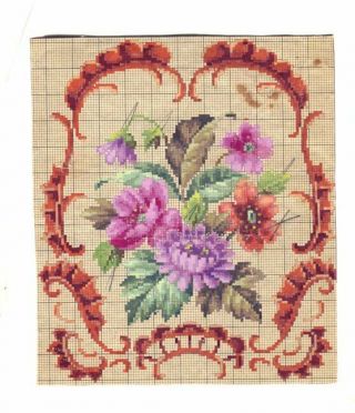 ﻿antique Berlin Woolwork Hand Painted Chart Pattern Floral & Border