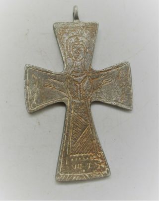 Ancient Byzantine Silver Religious Crucifix Cross Pendant Saint Depiction
