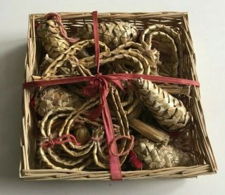 Approx 20 Swedish Vintage 1960s Straw Decorations In Basket With Ribbon