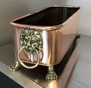 Antique 12 " X 4.  5 " X 4 " Oblong Copper Planter 2 Brass Lion Head Ring Handles