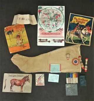 Antique Christmas Stocking Complete With Contents Toys Game Crayons