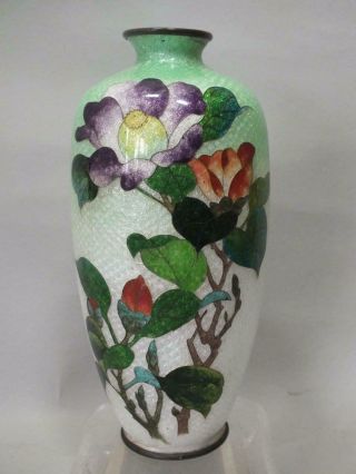 A Japanese Cloisonne Vase With Flowers On A Green & White Ground 19thc