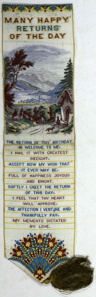 Old Antique Silk Bookmark Bollans & Co Leamington Many Happy Returns Birthday