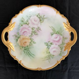 Antique Hutschenreuther Bavaria Handled Plate Hand Painted Roses Flowers Gold