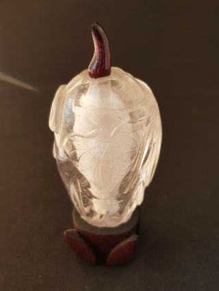 Old Chinese Carved Rock Crystal Snuff Bottle With Wooden Stand