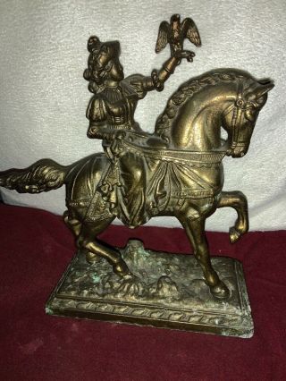 Antique Brass Figure Of A Female Falconer On Horseback Holding A Falcon