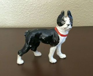 Possible Hubley? Antique Cast Iron Boston Terrier Dog Red Collar Figurine 3 "