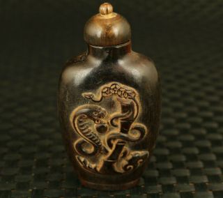 Unique Chinese Old Yak Horn Hand Carved Snake Statue Snuff Bottle Decorate