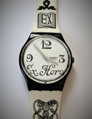 Rare 1994 Swatch Watch " Black Letter " Analogue Gb163 Black White Vintage