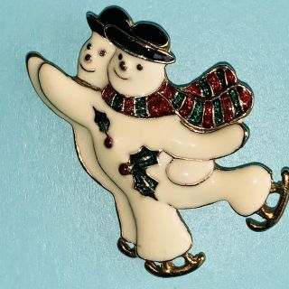 Antique Vintage Enamel Ice Skating Snowman Couple Christmas Pin Brooch