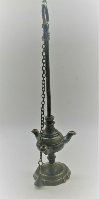 Large & Impressive Old Near Eastern Bronze Tri - Pronged Oil Lamp With Chain