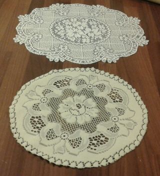2 Vintage White And Cream Floral Lace Large Doilies / Table Mats