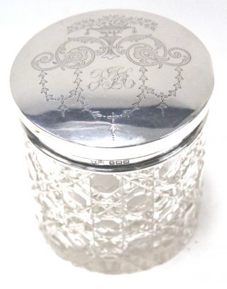 Antique Cut Glass Trinket Pot/jar,  Silver Hallmarked Lid,  Birmingham 1911 - K09