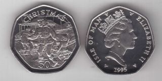 Isle Of Man - Rare 50 Pence Unc Coin 1995 Year Km 521 Christmas Sledding