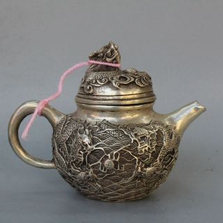 Ancient Collectable Handwork Old Miao Silver Carve Exorcism Dragon Tibet Tea Pot