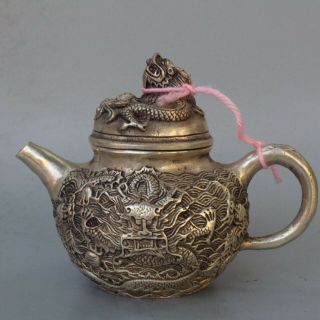 Ancient Collectable Handwork old Miao Silver Carve Exorcism Dragon Tibet Tea Pot 2