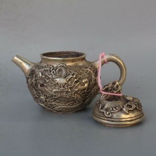 Ancient Collectable Handwork old Miao Silver Carve Exorcism Dragon Tibet Tea Pot 3