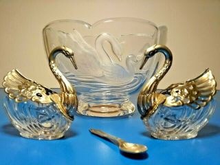 Birks W Germany 2 Silver Crystal Glass Swan Salt Cellars,  Spoon,  Crystal Bowl